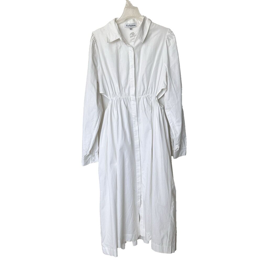 En Season M Button Front Ruched Detail Cut Out Button Down midi White Dress